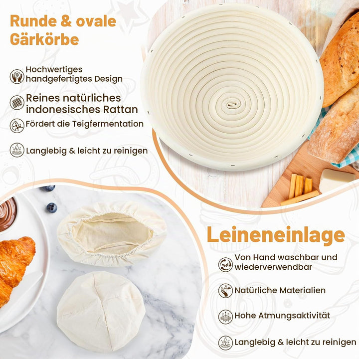 Brot Gärkorb Set, Gärkörbchen zum Brotbacken, 23cm Rund &amp; 25cm Oval Brotkörbchen aus Natürlichem Rat