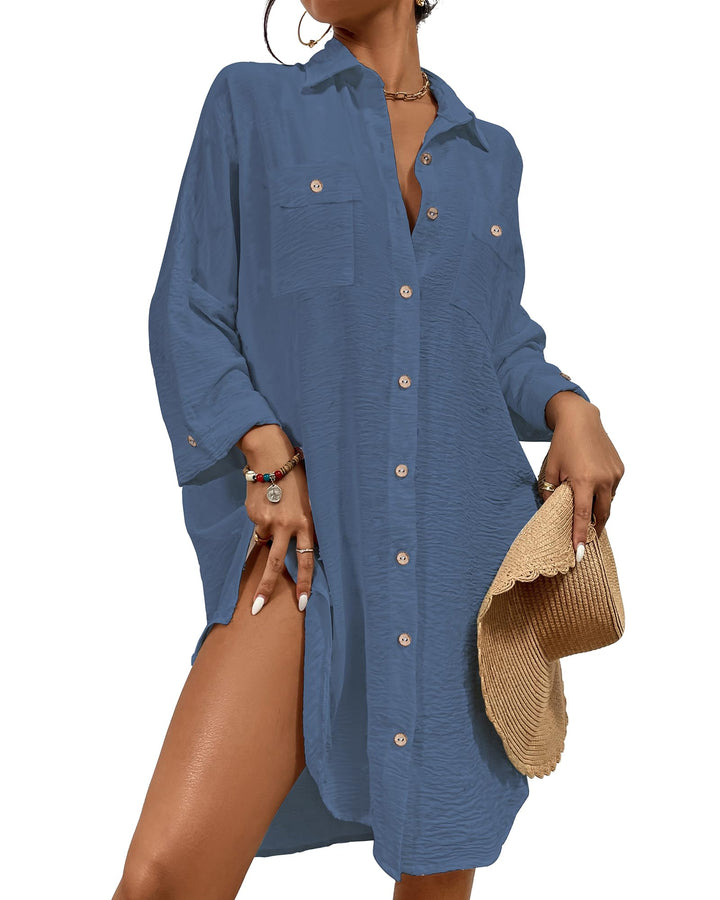 Bsubseach Womens Modern Swimsuit Cover Up Bluse Button Down Shirt Kleider Tops Blau S, Blau S