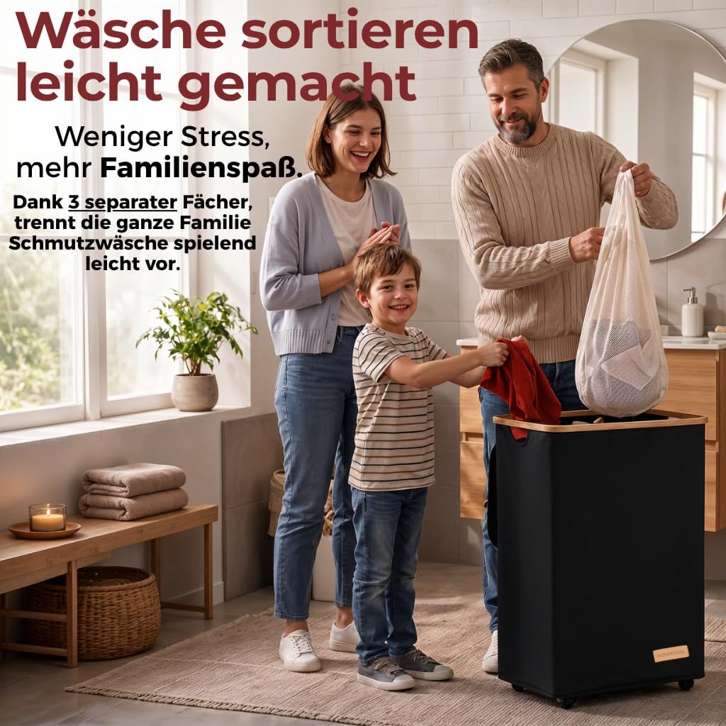 HomyFeel - Wäschekorb 3 Fächer rollbar, 160L Wäschesammler mit Deckel, Wäschesortierer gross, Oxford