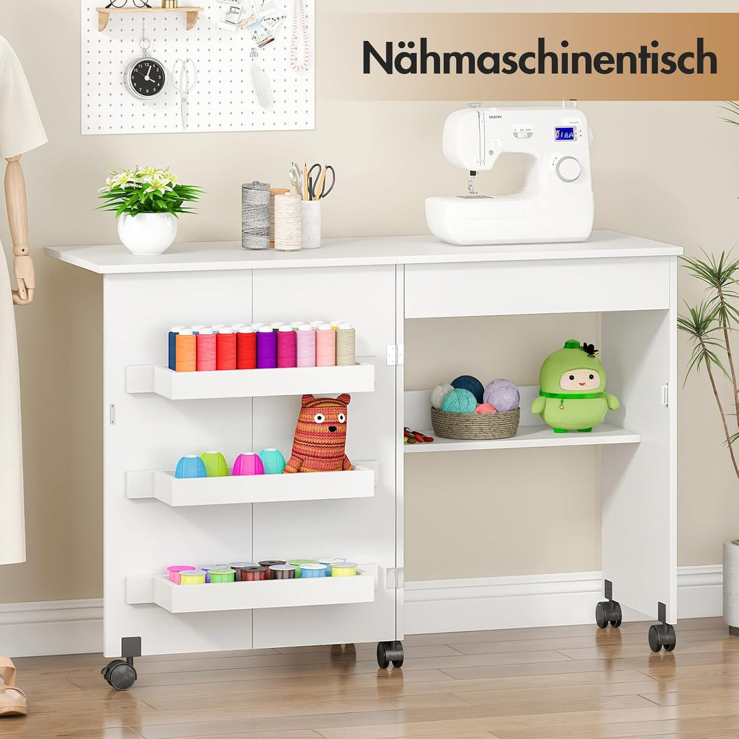 Nähtisch Klappbar & 2-in-1 Nähmaschinentisch – Mobiler Nähmaschinenschrank mit Rollen, 4 Ablagefäche