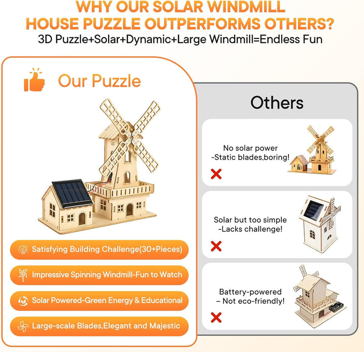 STEM Solarbetriebenes 3D Holzpuzzle - DIY Windmühlenhaus Bausatz,Wissenschaftliches Lernspiel für Ki