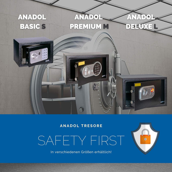 Anadol Tresor Deluxe, Elektronischer Safe mit Zahlenschloss, Fingerabdruck Sensor, Doppelbolzen Verr