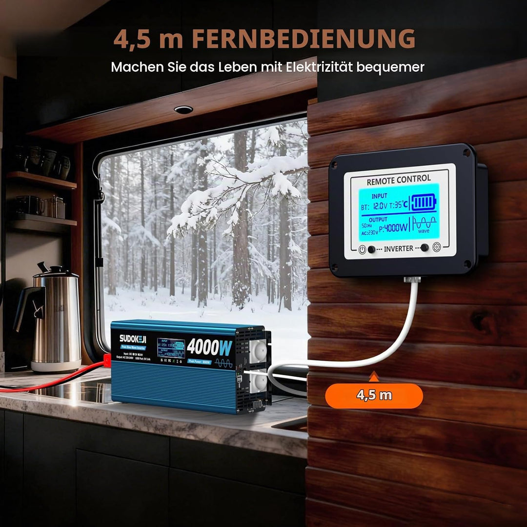 Wechselrichter 12V auf 230V Reiner Sinus 4000W Spannungswandler mit LCD-Bildschirm-Fernbedienung 2 E