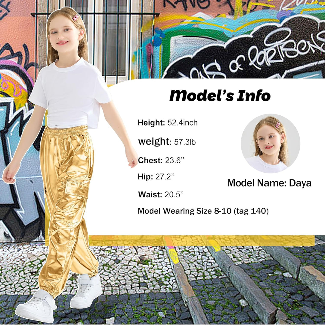 Rolanko Cargo Hosen für Mädchen, Metallische Tanz Hip Hop Hosen für Kinder Mit Elastischem Bund, Ret