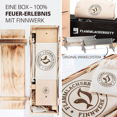 FINNWERK Flammlachsbrett Geschenkset - Lachsbretter mit Halterung aus Edelstahl und patentiertem Win