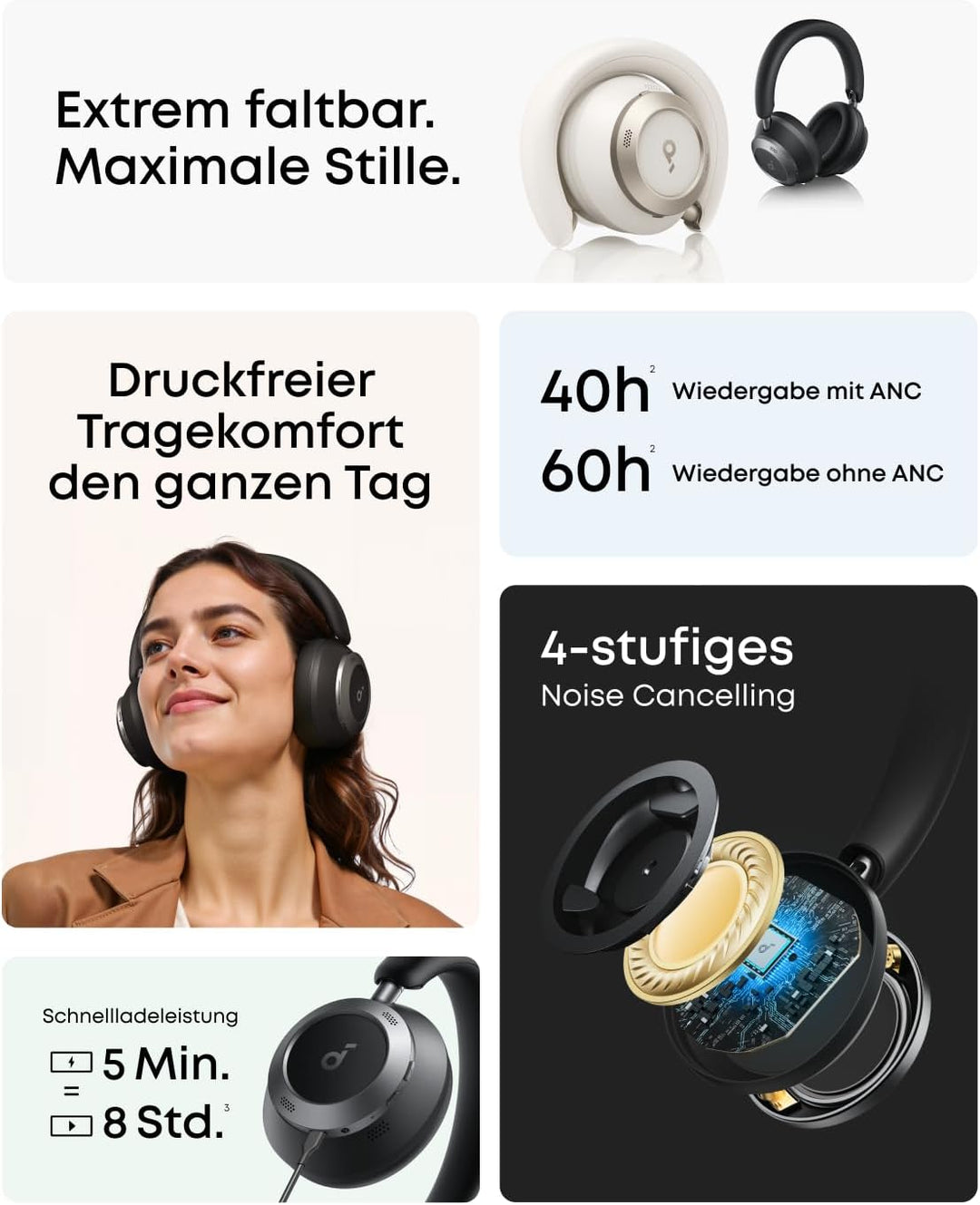 soundcore by Anker Space One Pro Kabellose Kopfhörer, Adaptives aktives Noise Cancelling, 6 Mikros,