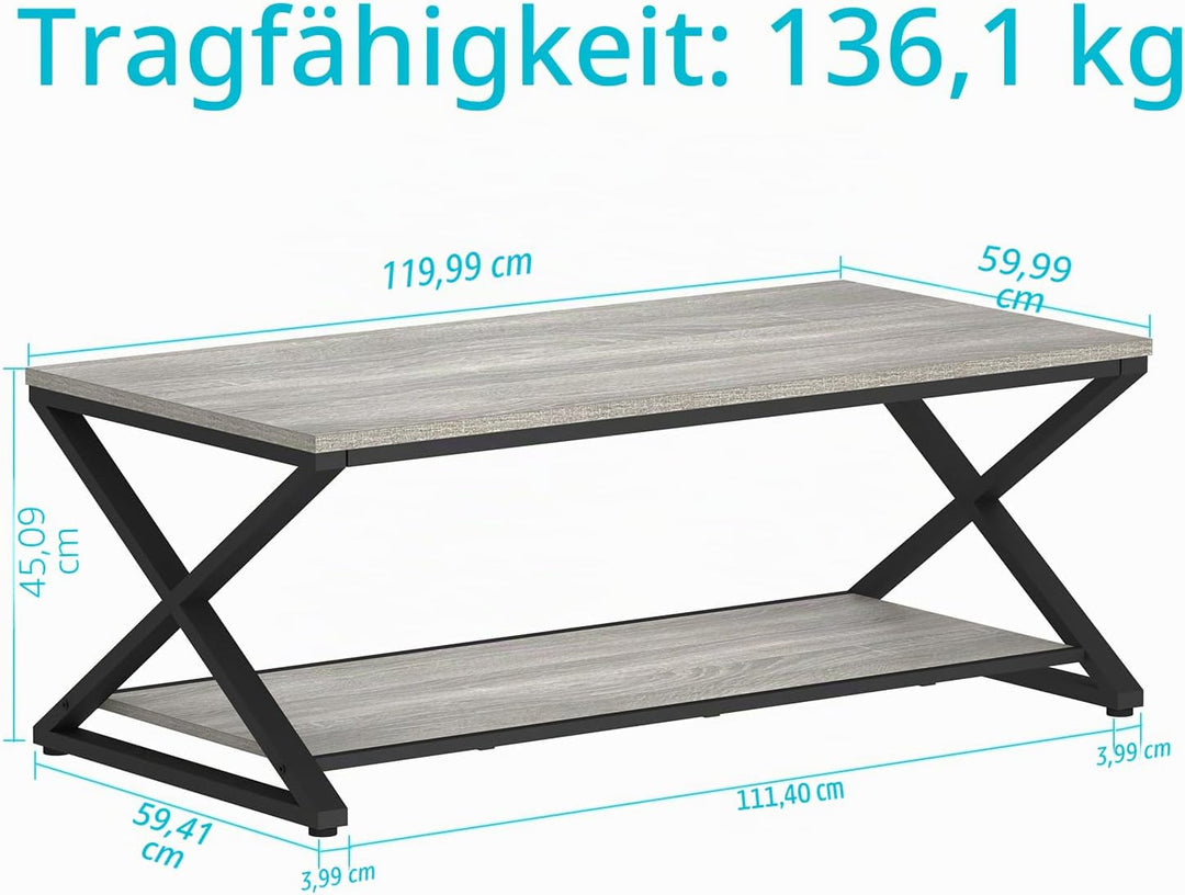 HSH Couchtisch mit Stauraum Grau Wohnzimmertisch Industrielles Holz und Metall Teetisch Rechteckiger