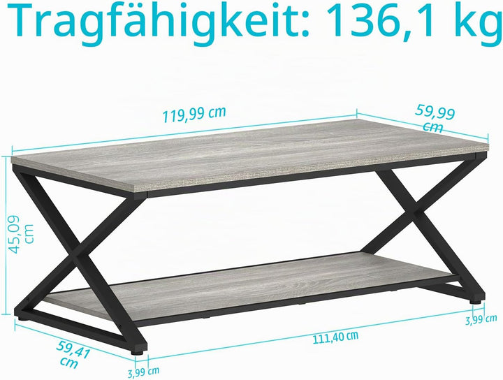 HSH Couchtisch mit Stauraum Grau Wohnzimmertisch Industrielles Holz und Metall Teetisch Rechteckiger