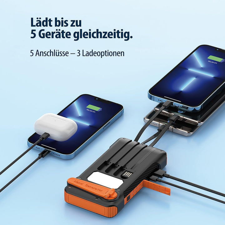 revolt Handkurbel-Powerbank: Kurbel-Dynamo-Solar-Powerbank, 10.000 mAh, USB-C PD bis 20 W, LED (Hand