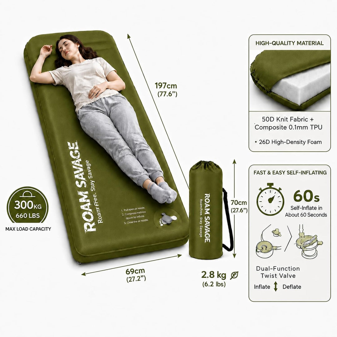 ROAM SAVAGE Selbstaufblasende Campingmatte mit integriertem Kopfkissen