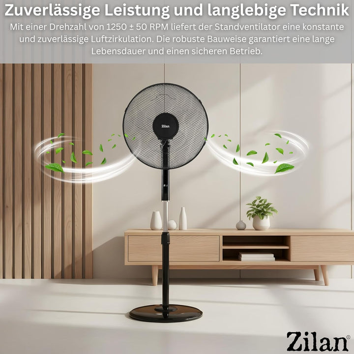 Zilan Standventilator Ø43cm leise mit Fernbedienung & Timer – 48W Leistungsstarker Ventilator energi