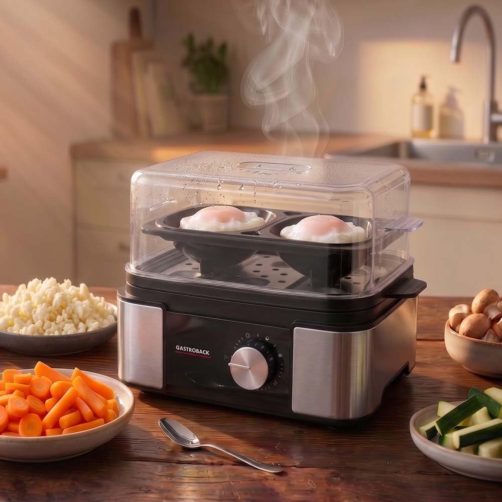GASTROBACK Mini Eierkocher 6 Eier Edelstahl - Egg Cooker Electric | Abschaltautomatik - Egg Boiler A