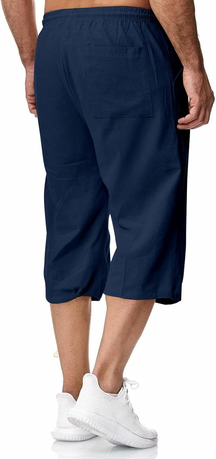 Herren Leinen-Shorts 3/4 Länge Hosen Sommerhose Strand Yoga Jogger Casual Sweatpants Dunkelblau S, D