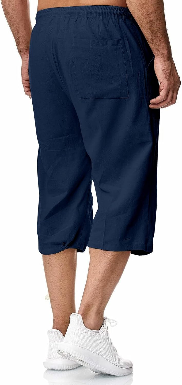 Remxi Herren-Shorts, 3/4-Leinen-Shorts, lockere Passform, Sommer, lässige Cargohose L Navy, L Navy