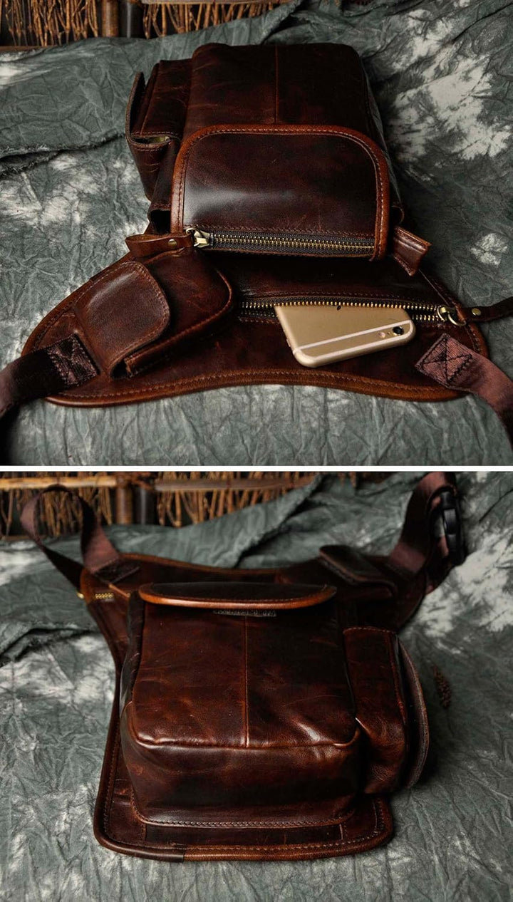 Le'aokuu Herren Echtes Leder Tasche Beinbeutel Beintasche Aussenbeintasche Hüfttasche Drop Leg Thigh
