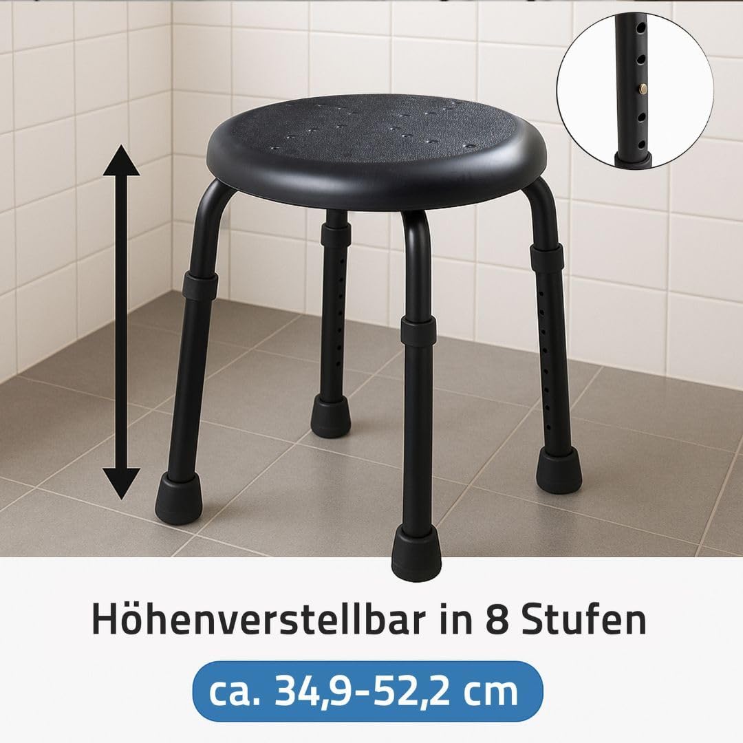 RIDDER – Bad-Hocker Go, Ø 50x34,9-52,5cm, schwarz, Aluminium/PE/TPR | Höhenverstellbarer Duschhocker