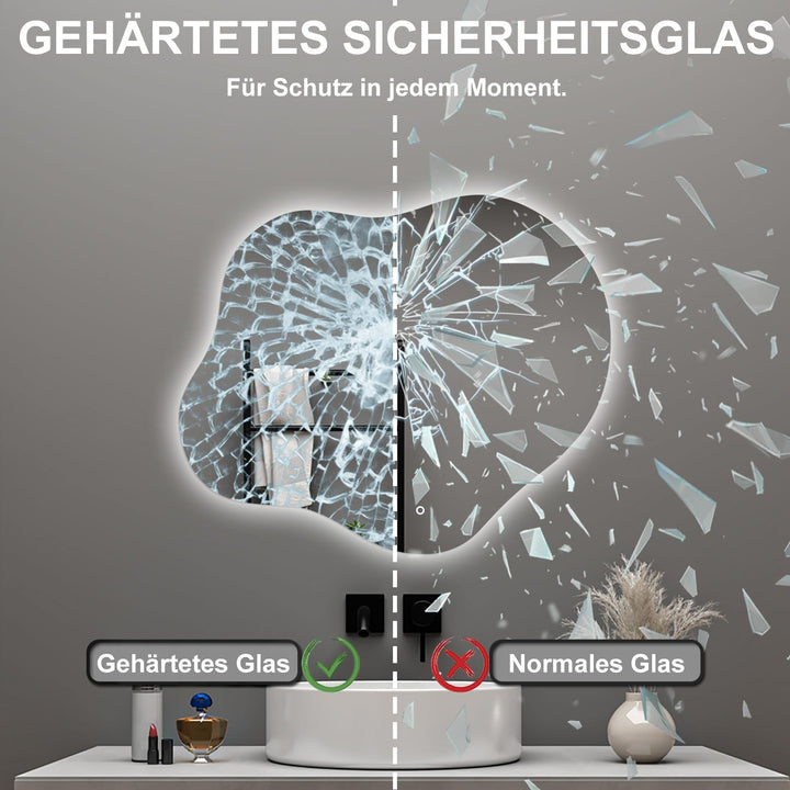 Aica Sanitär Badspiegel Asymmetrisch 50×45cm 3 Lichtfarben dimmbar Memory Touch Wandschalter Beschla