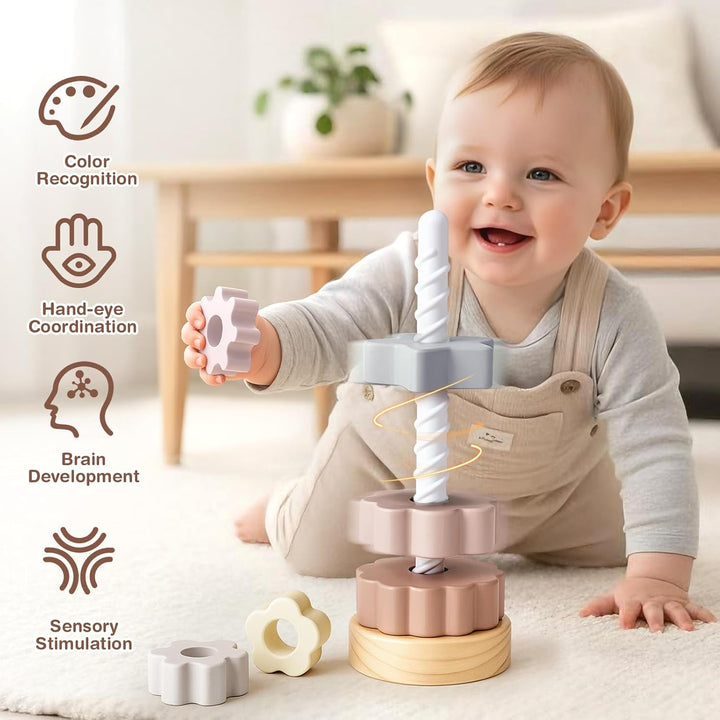 Joyreal Stapelturm Baby Holz - Stapelspiel Montessori Spielzeug ab 1 2 Jahr, Stapelringe Holzspielze