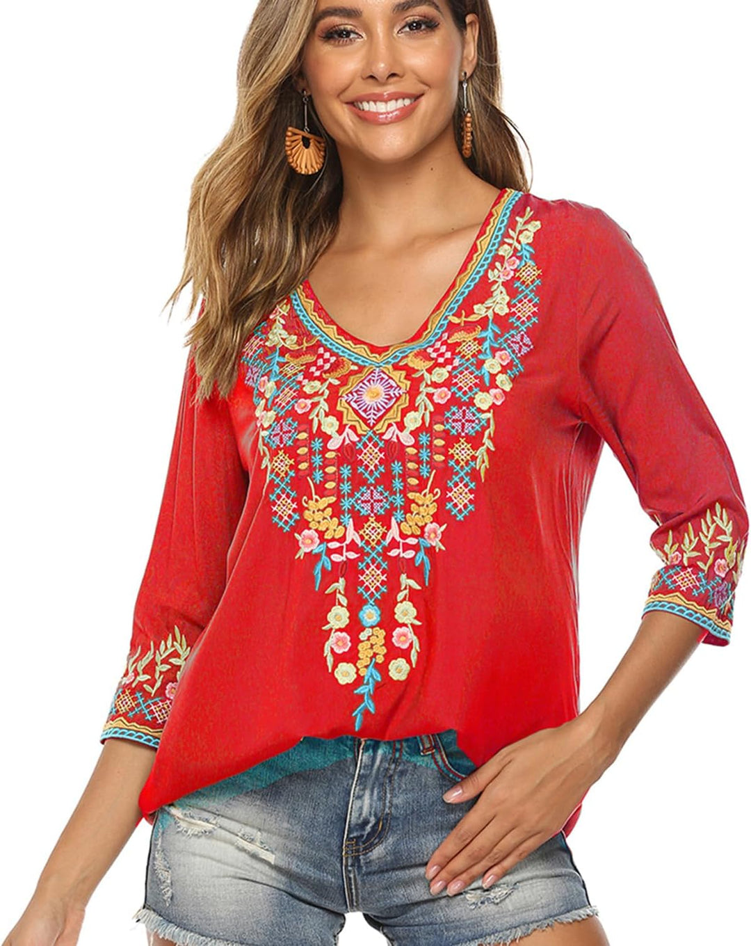 drakloak Bluse Stickerei Damen Boho Bestickte Oberteile Tunika Folklore Hippie Blusen Blumenmuster O