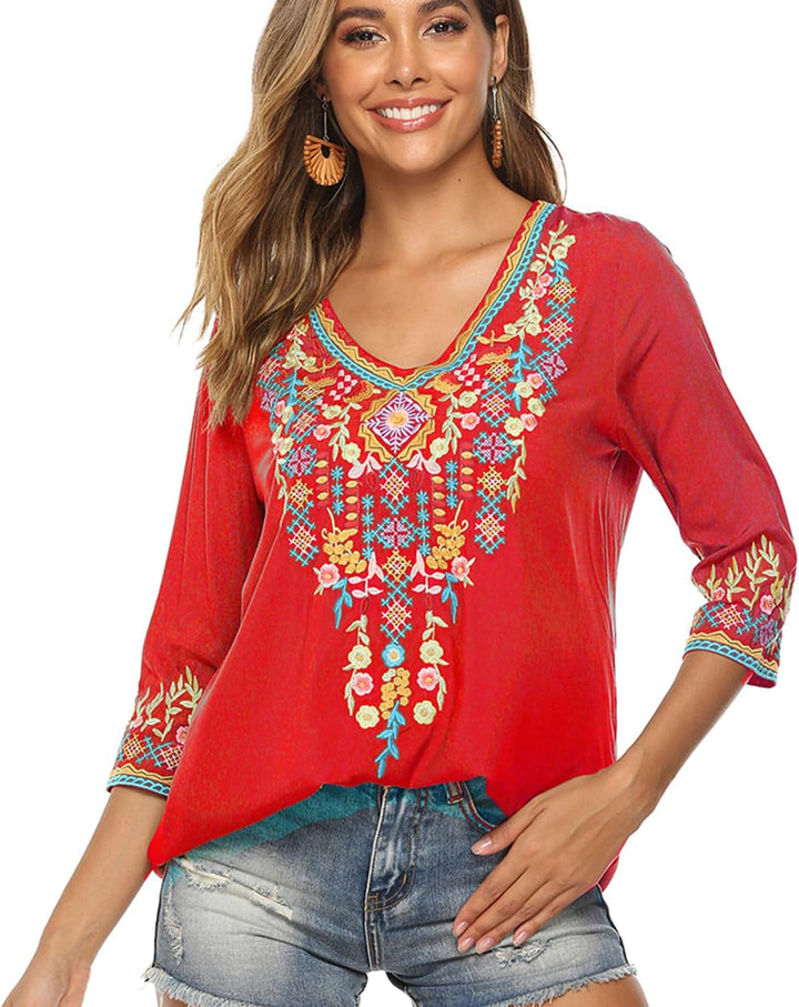 drakloak Bluse Stickerei Damen Boho Bestickte Oberteile Tunika Folklore Hippie Blusen Blumenmuster O