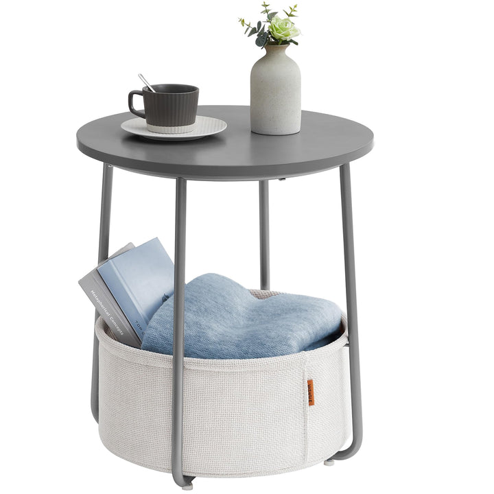 VASAGLE Beistelltisch rund, Kleiner Tisch, Couchtisch klein, Wohnzimmertisch, Korb aus Stoff, Staura