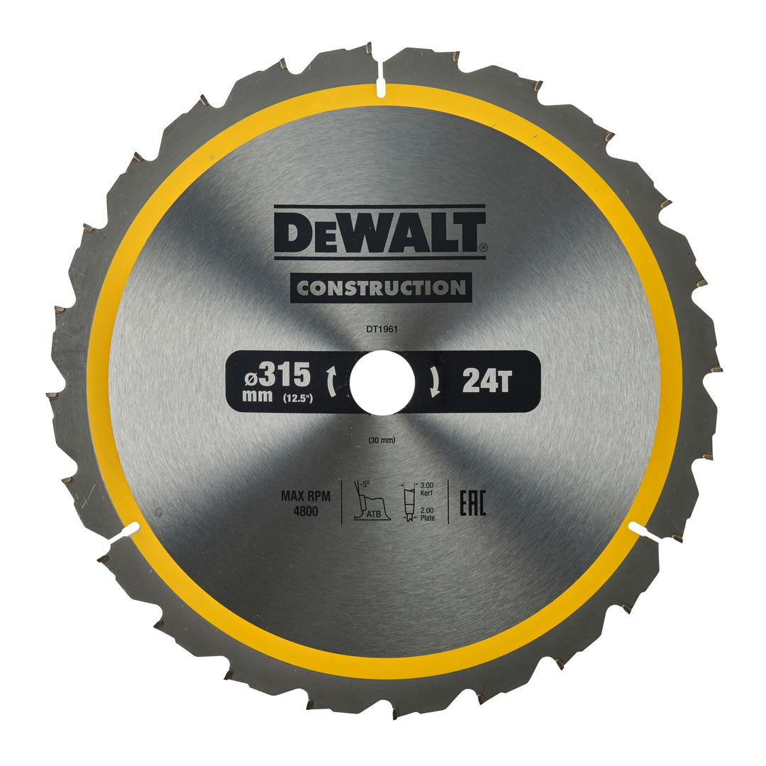 DeWalt Bau-Kreissägeblatt für Stationärsägen/Kreissägenblatt (315/30 mm 24WZ, für schnelle Schnitte)
