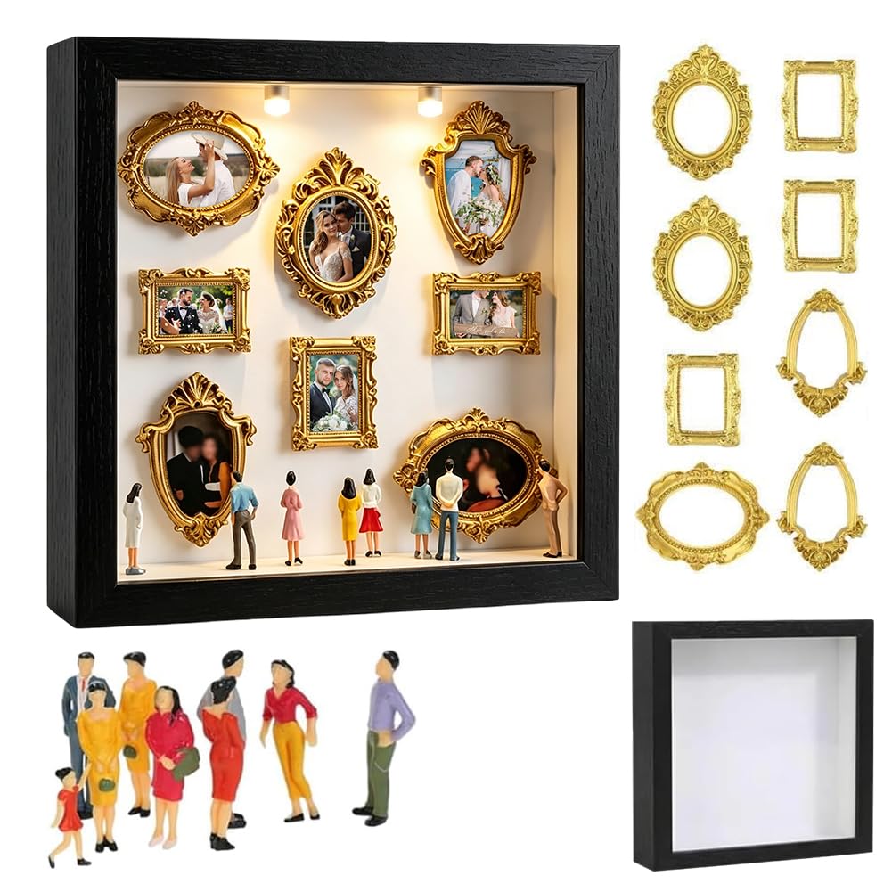 DIY Mini Museum Shadow Box mit LED Licht - Mini Bilderrahmen Vintage Set mit 8 Gold Rahmen & 8 Figur