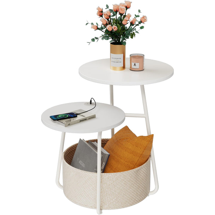 Rolanstar Beistelltisch Rund, Kleiner Tisch mit Ladestation, Runder Couchtisch mit grossem Stoffkorb