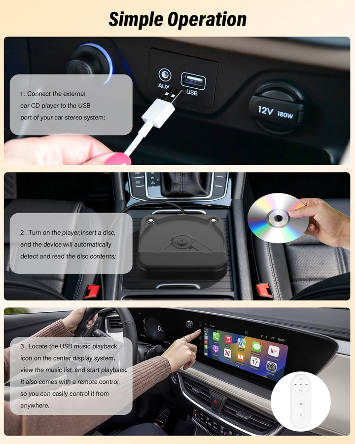 MONODEAL Externer CD Player für Auto, Plug-and-Play Auto CD-Player mit USB/AUX Anschluss, Universell