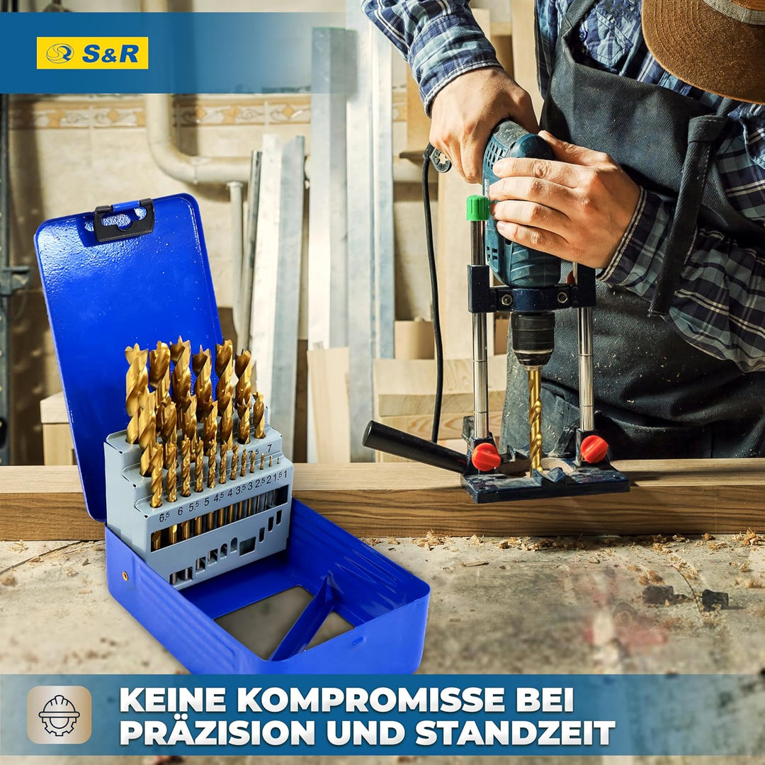 S&amp;R Holzbohrer-Set, Dübelbohrer-Satz 25-tlg 1-13 mm, Industriequalität, HSS-G 4241 Stahl, TiN-Beschi
