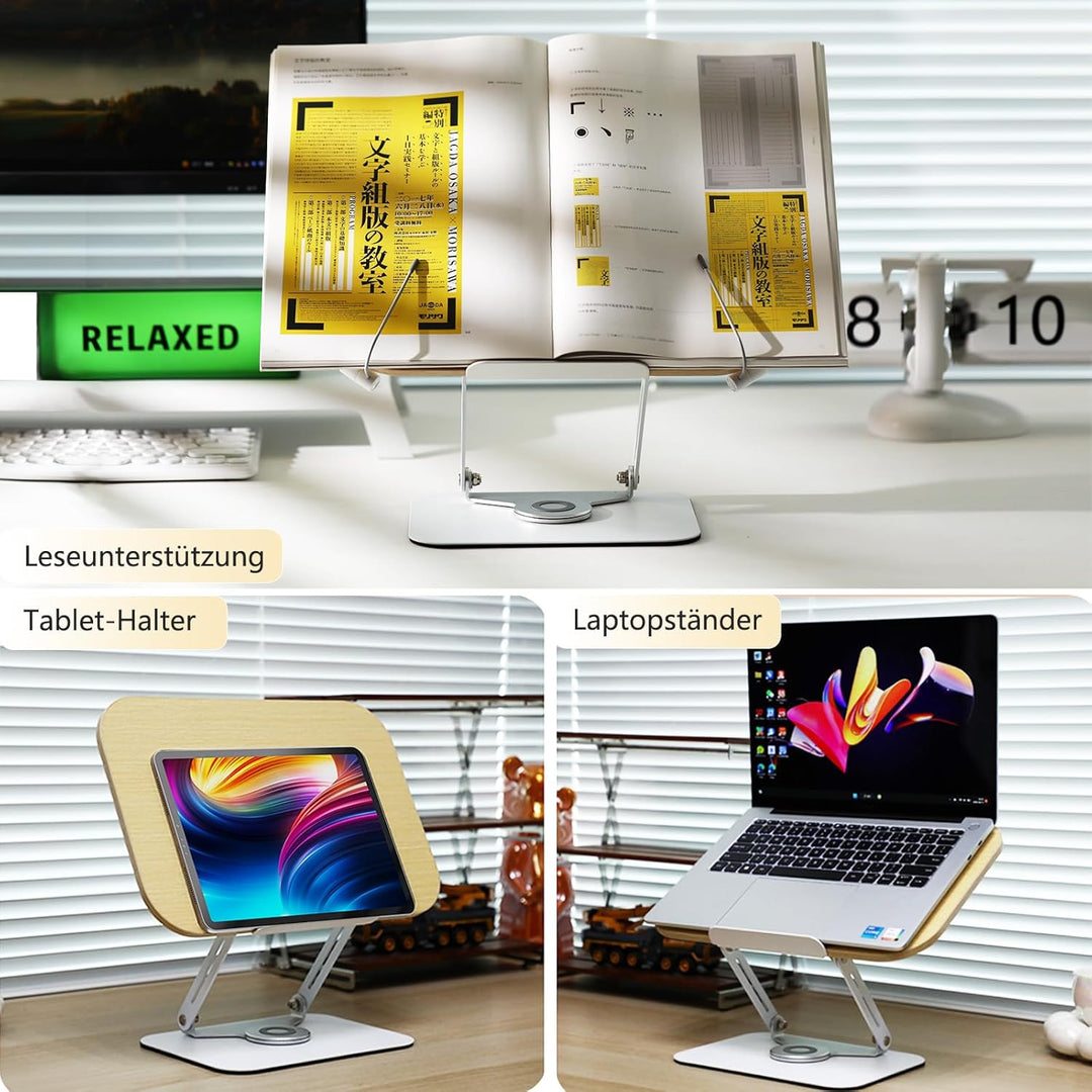 POLESTO Buchständer zum Lesen, Verstellbarer Buchhalter mit 360° Drehfuss, Faltbarer Kochbuchständer