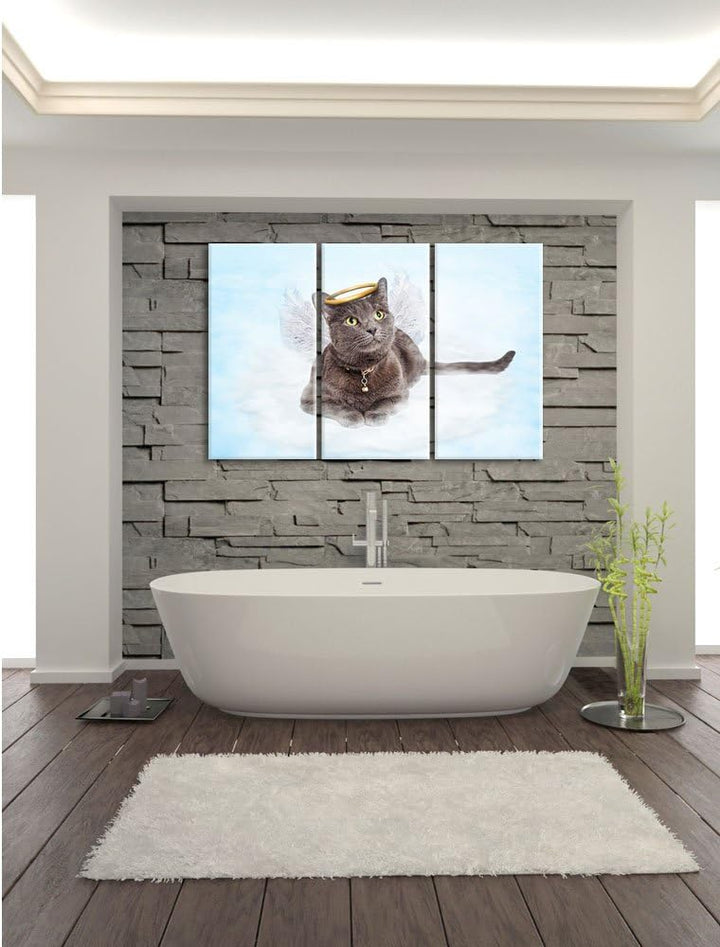 Pixxprint Katzen-Engel auf Wolke / 3-Teilig/Gesamtmass 120cm Leinwandbild bespannt auf Holzrahmen/Wa