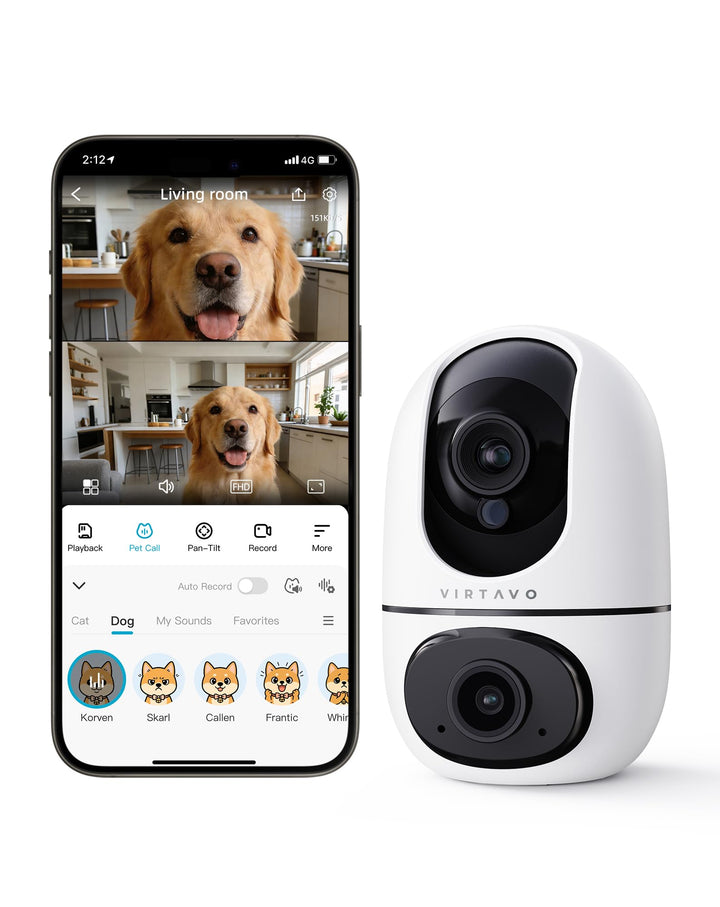 VIRTAVO WLAN Dual Kamera Überwachung Innen, 2 Ansichten Gleichzeitig, Ohne ABO, Smart Tracking, Rund