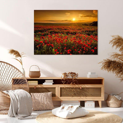 Bilder auf Leinwand 100x70cm Leinwandbild mit Rahmen Mohn Blume Wiese Gross Wanddeko Bild Schlafzimm