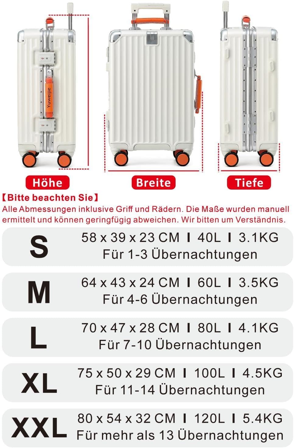 Aoliwei Aluminium-Rahmen Reisekoffer M (64cm) – Premium Hartschalen-Trolley für 4-6 Tage Reisen, Wei