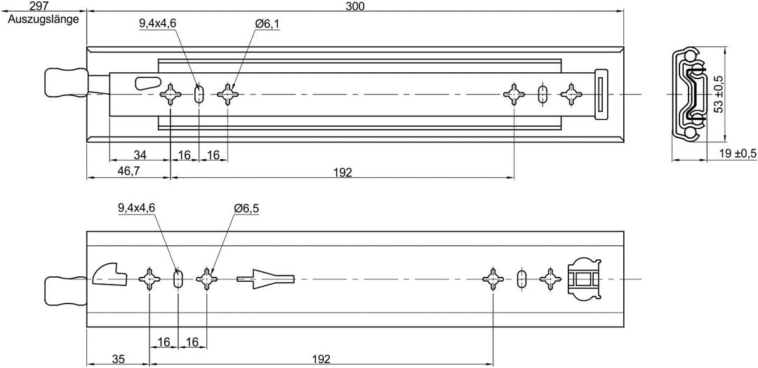 1 Paar SOTECH Schwerlastauszüge KV2-100-H53-L300-LC 300 mm mit Lock-in/out Einrastfunktion mit blaue