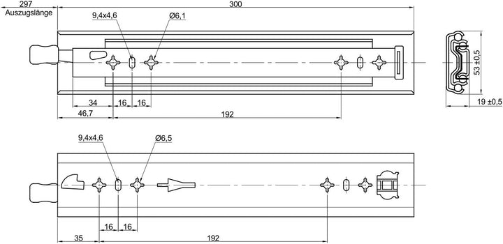 1 Paar SOTECH Schwerlastauszüge KV2-100-H53-L300-LC 300 mm mit Lock-in/out Einrastfunktion mit blaue