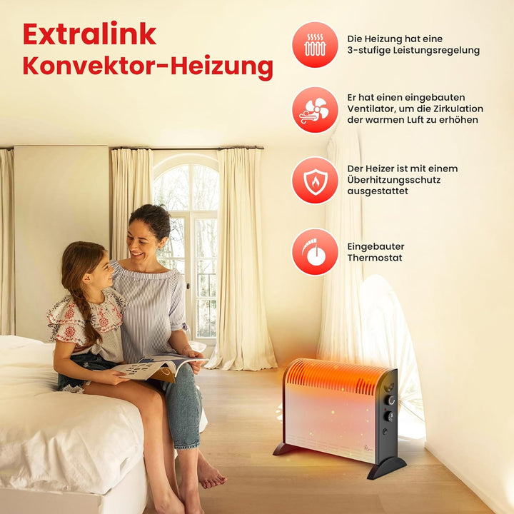 Extralink Konvektorheizung 2000W Elektroheizung 3-stufige Leistungsregelung eingebauter Thermostat e
