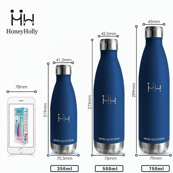 HoneyHolly Trinkflasche Edelstahl, Trinkflaschen Kinder, 500ML BPA-frei, Thermosflasche, Wasserflasc
