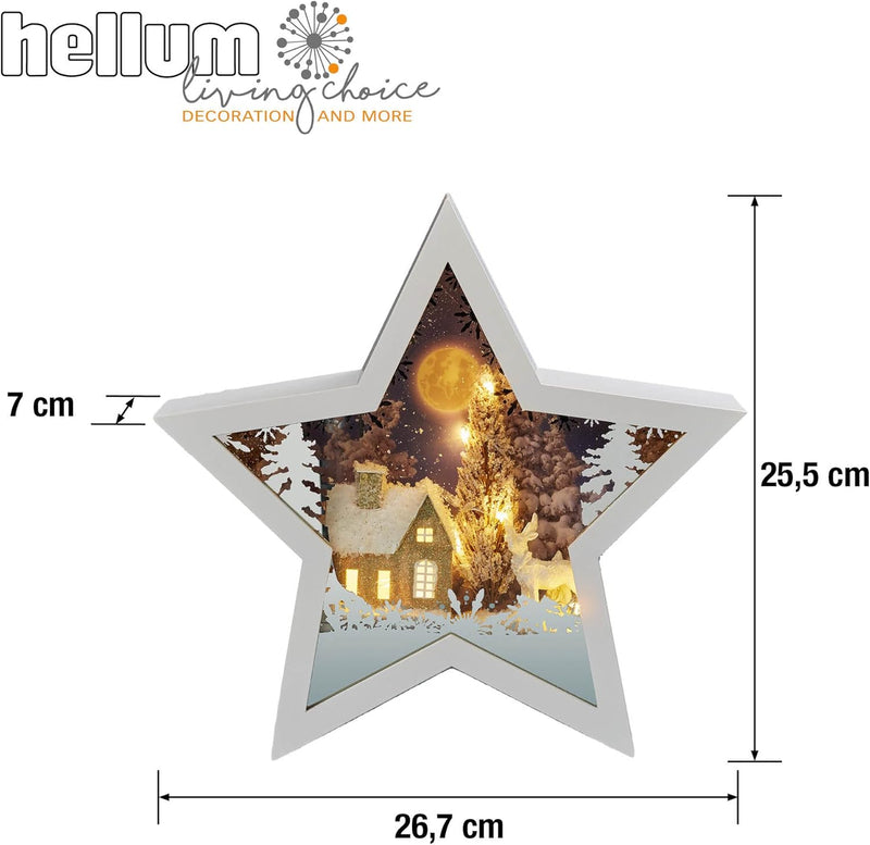 hellum LED Bild mit 3D Winterlandschaft 26,7 x 25,5cm Sternenform zum Stellen, Batteriebetrieb (3xAA