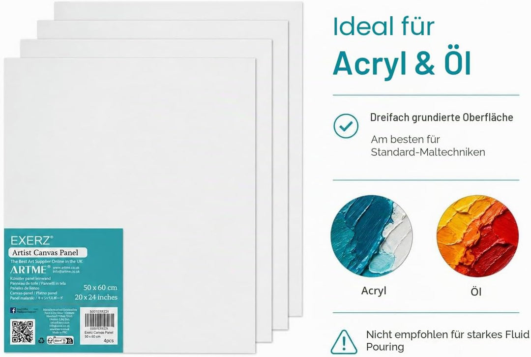 EXERZ 50x60cm Malkarton/Leinwand-Panele 4 Stück 0.3cm dick/Kunstleinwandtafel / 280GSM/ Vorgespannt