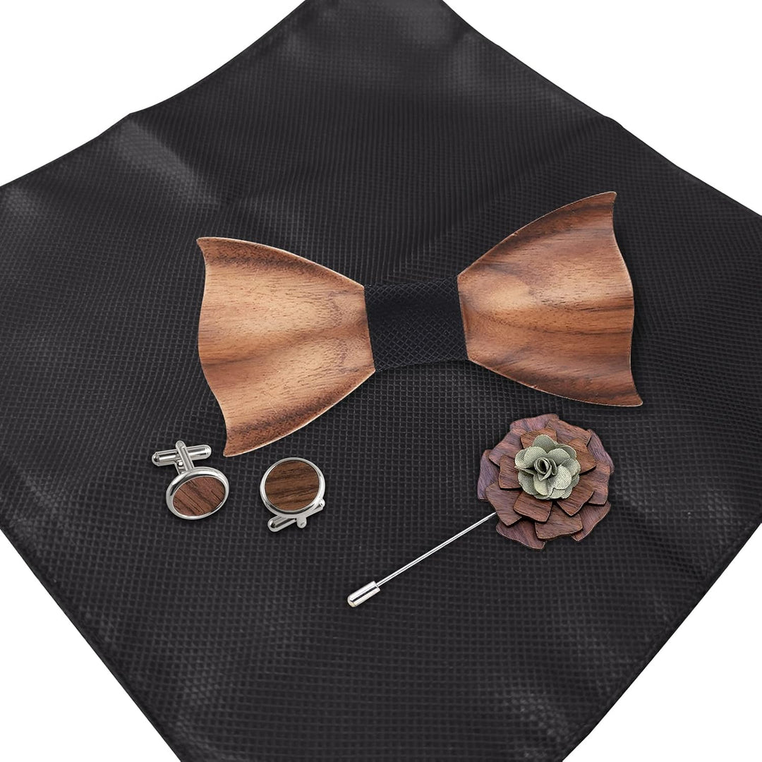 Mr.Van Holzfliege Klassische Set Fliege Herren,Holzfliege, Holz Manschettenknöpfe, Holzbrosche, Eins