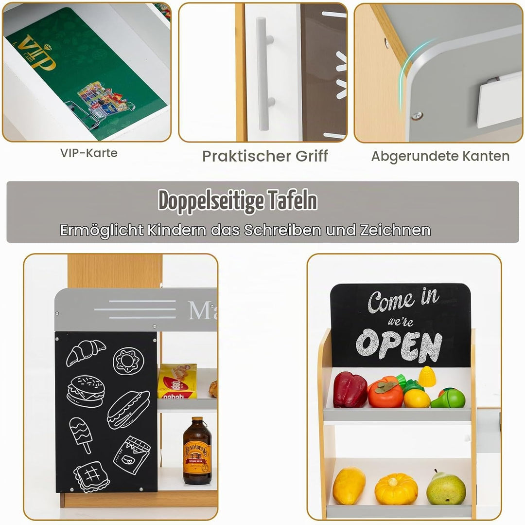 HOMASIS Supermarkt mit Einkaufswagen, Kaufladen mit Kasse, 2 Tafeln, Scanner, VIP-Karte &amp; Rechenmasc