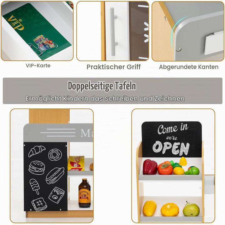 HOMASIS Supermarkt mit Einkaufswagen, Kaufladen mit Kasse, 2 Tafeln, Scanner, VIP-Karte &amp; Rechenmasc
