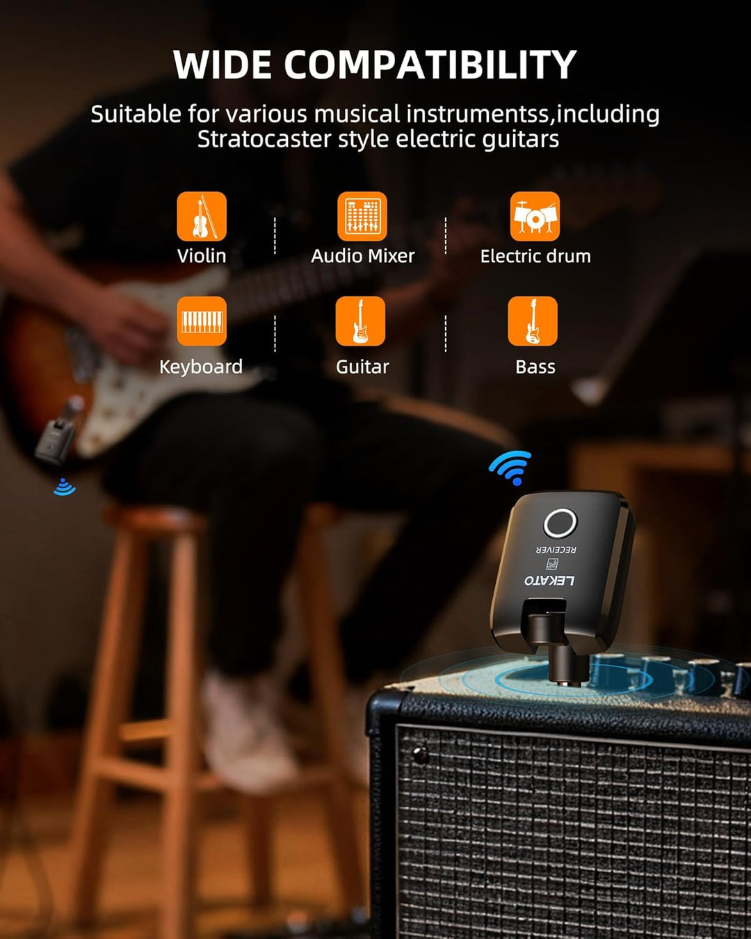 LEKATO Kabelloses Gitarrensystem mit Ladecase, Gitarren-Sender & Empfänger mit 18 Std. Spielzeit, wi