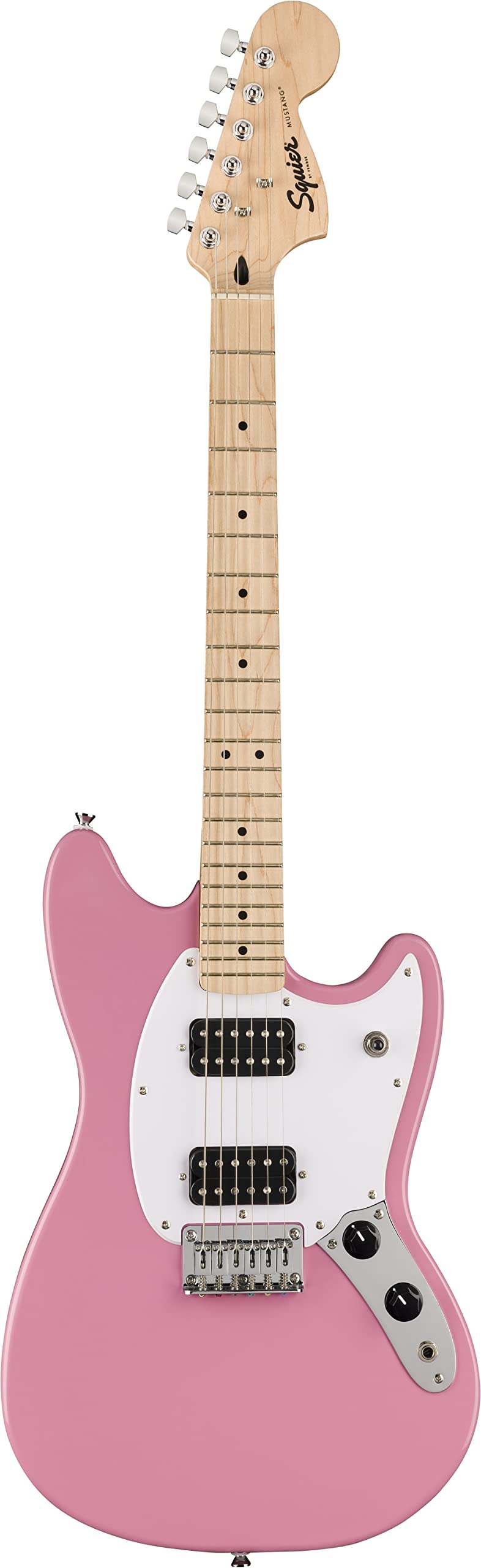 Squier by Fender Sonic Mustang® HH E-Gitarre, Griffbrett aus Ahorn, weisses Schlagbrett, Flash Pink
