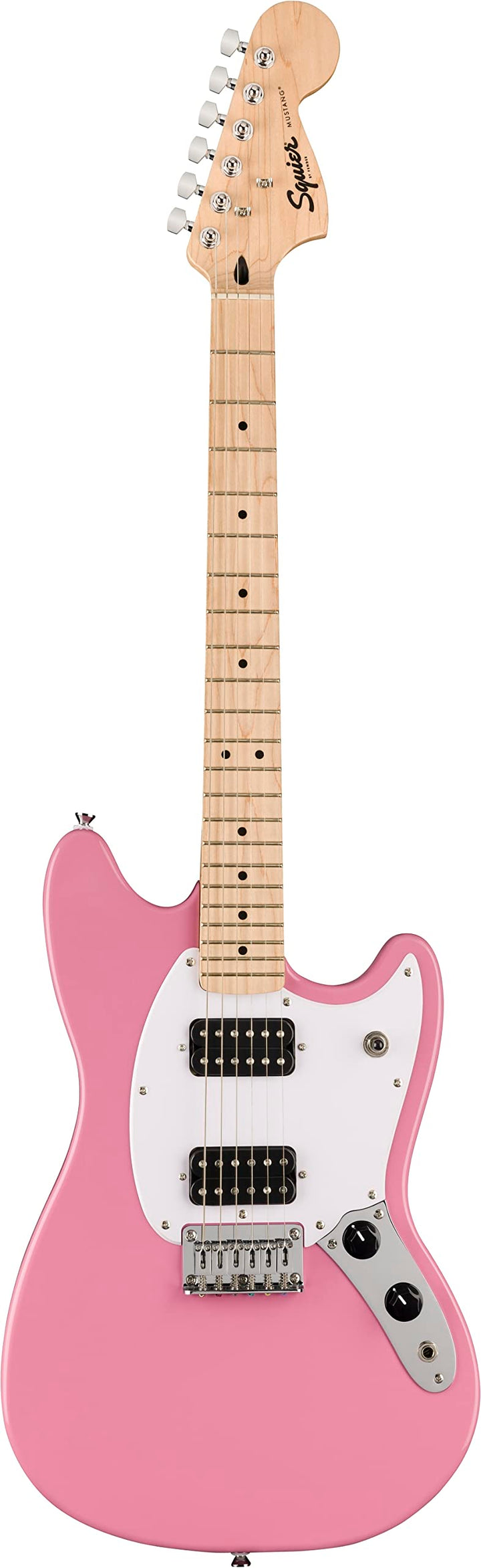 Squier by Fender Sonic Mustang® HH E-Gitarre, Griffbrett aus Ahorn, weisses Schlagbrett, Flash Pink