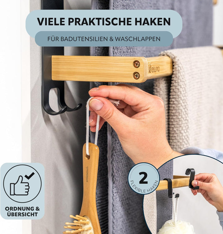 eluno Handtuchhalter 60 cm mit 2 Handtuchstangen und 6 praktischen Haken - mit hochwertigem Klebeban