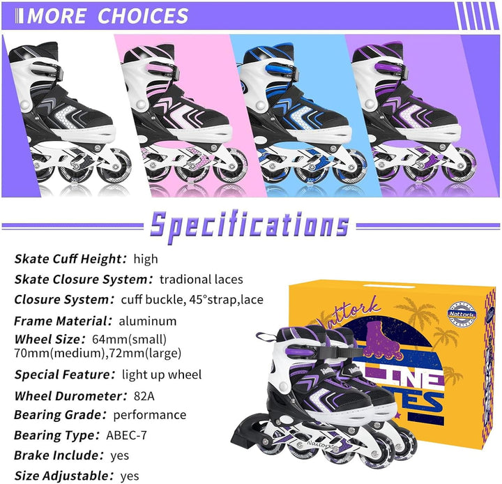 Nattork Inliner für Kinder Verstellbare Inline Skates, 4 Grössen Kinder Inline Roller Skates mit Bel