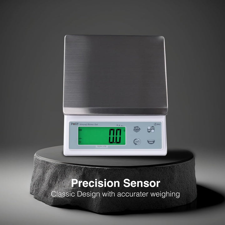 Polit Sun Lite IP65 wasserdichte Küchenwaage – 3kg/6,6lb, präzise 0,1g. Abnehmbares Edelstahl-Tablet